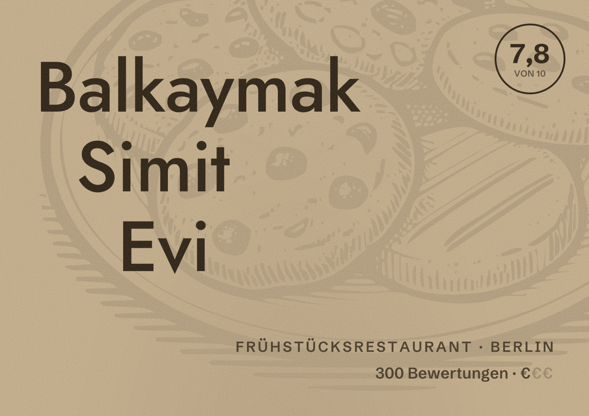 Illustriertes Poster von Balkaymak Simit Evi, Frühstücksrestaurant in Berlin: Bewertung 7,8 von 10 aus 300 Bewertungen, Preisniveau €