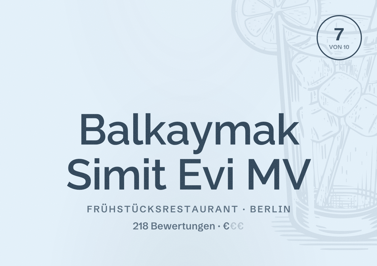 Illustriertes Poster von Balkaymak Simit Evi MV, Frühstücksrestaurant in Berlin: Bewertung 7,0 von 10 aus 218 Bewertungen, Preisniveau €