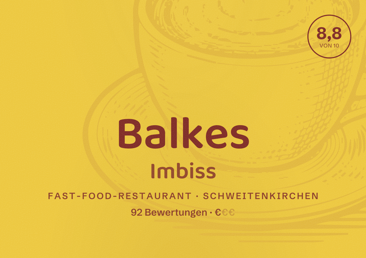 Illustriertes Poster von Balkes Imbiss, Fast-Food-Restaurant in Schweitenkirchen: Bewertung 8,8 von 10 aus 92 Bewertungen, Preisniveau €