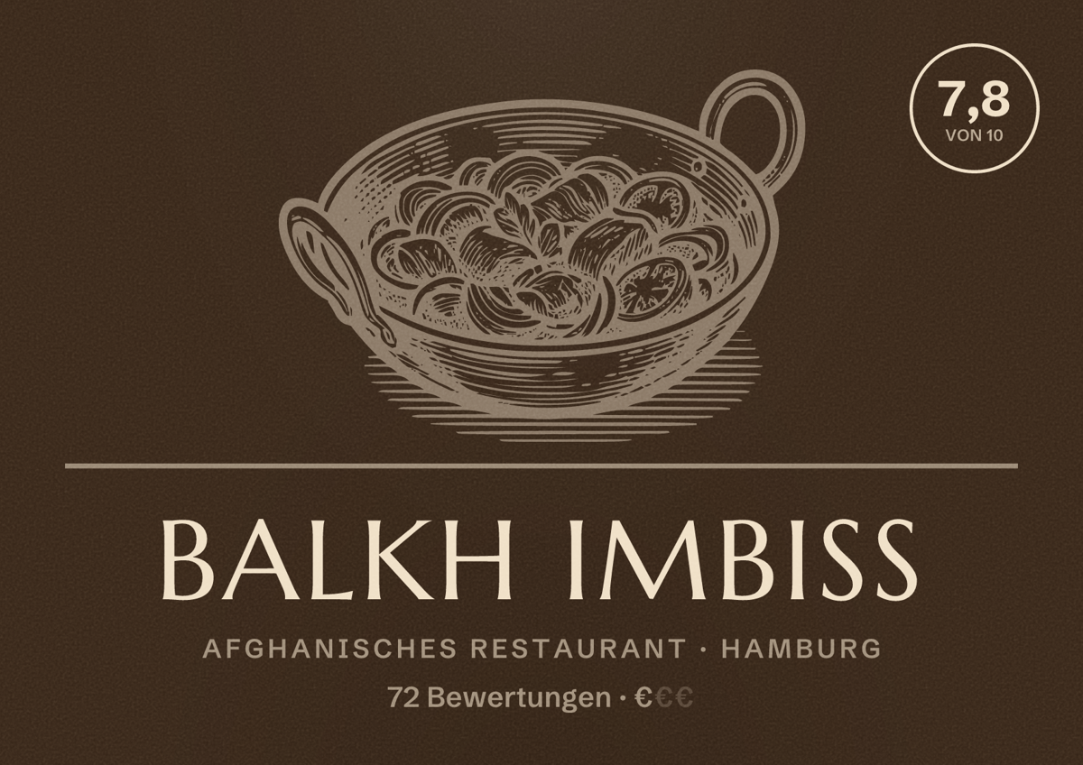 Illustriertes Poster von Balkh Imbiss, Afghanisches Restaurant in Hamburg: Bewertung 7,8 von 10 aus 72 Bewertungen, Preisniveau €