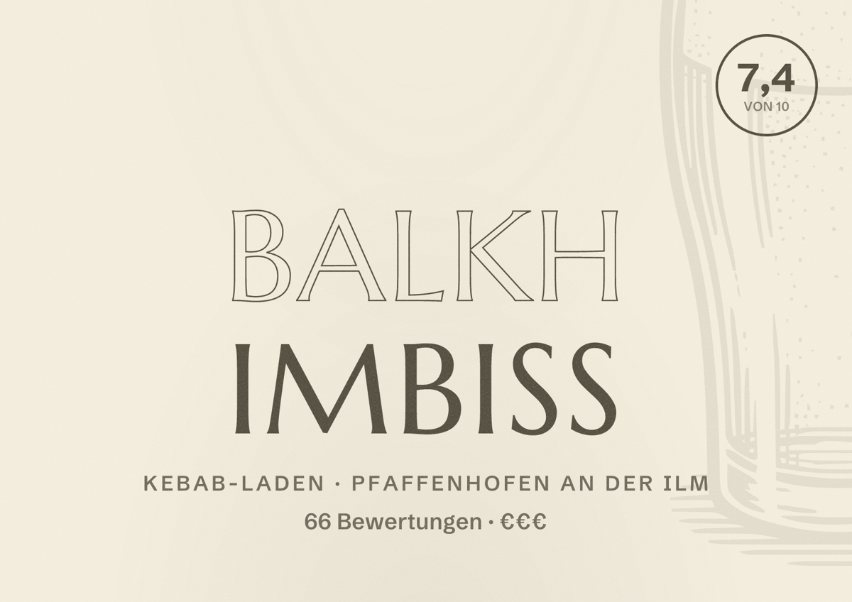 Illustriertes Poster von Balkh Imbiss, Kebab-Laden in Pfaffenhofen an der Ilm: Bewertung 7,4 von 10 aus 66 Bewertungen, Preisniveau €€€