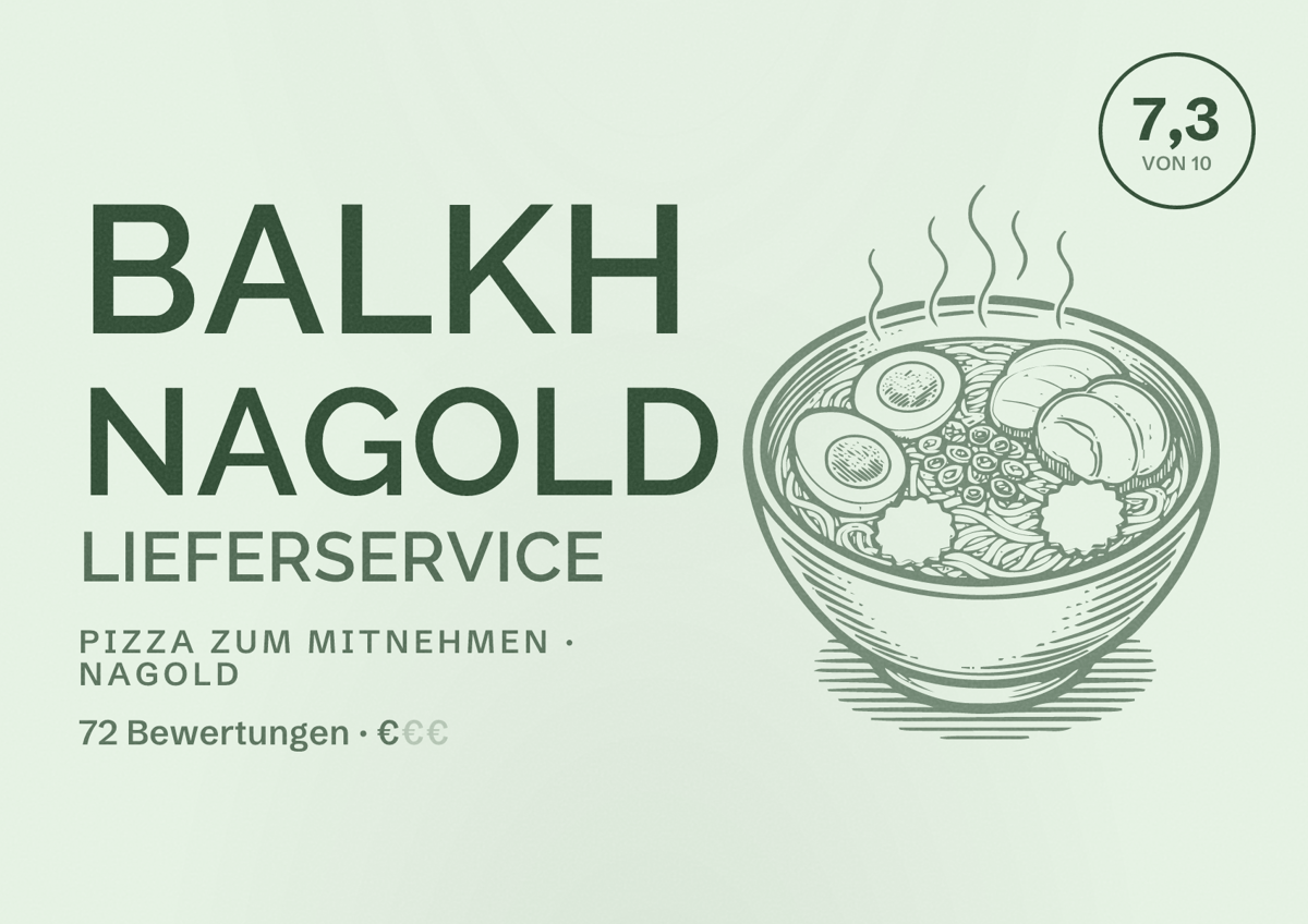 Illustriertes Poster von Balkh Nagold Lieferservice, Pizza zum Mitnehmen in Nagold: Bewertung 7,3 von 10 aus 72 Bewertungen, Preisniveau €