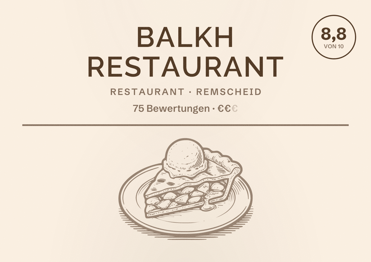 Illustriertes Poster von Balkh Restaurant, Restaurant in Remscheid: Bewertung 8,8 von 10 aus 75 Bewertungen, Preisniveau €€