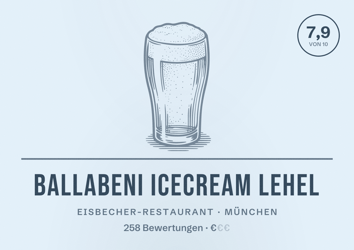 Illustriertes Poster von Ballabeni Icecream Lehel, Eisbecher-Restaurant in München: Bewertung 7,9 von 10 aus 258 Bewertungen, Preisniveau €