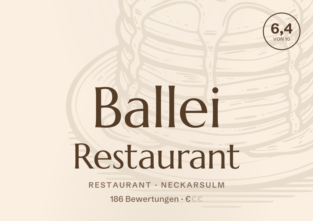 Illustriertes Poster von Ballei Restaurant, Restaurant in Neckarsulm: Bewertung 6,4 von 10 aus 186 Bewertungen, Preisniveau €