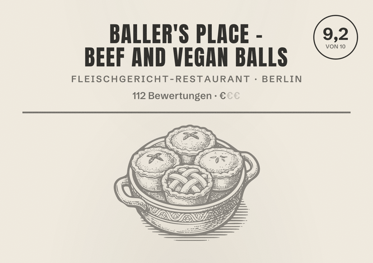 Illustriertes Poster von baller's place - beef and vegan balls, Fleischgericht-Restaurant in Berlin: Bewertung 9,2 von 10 aus 112 Bewertungen, Preisniveau €