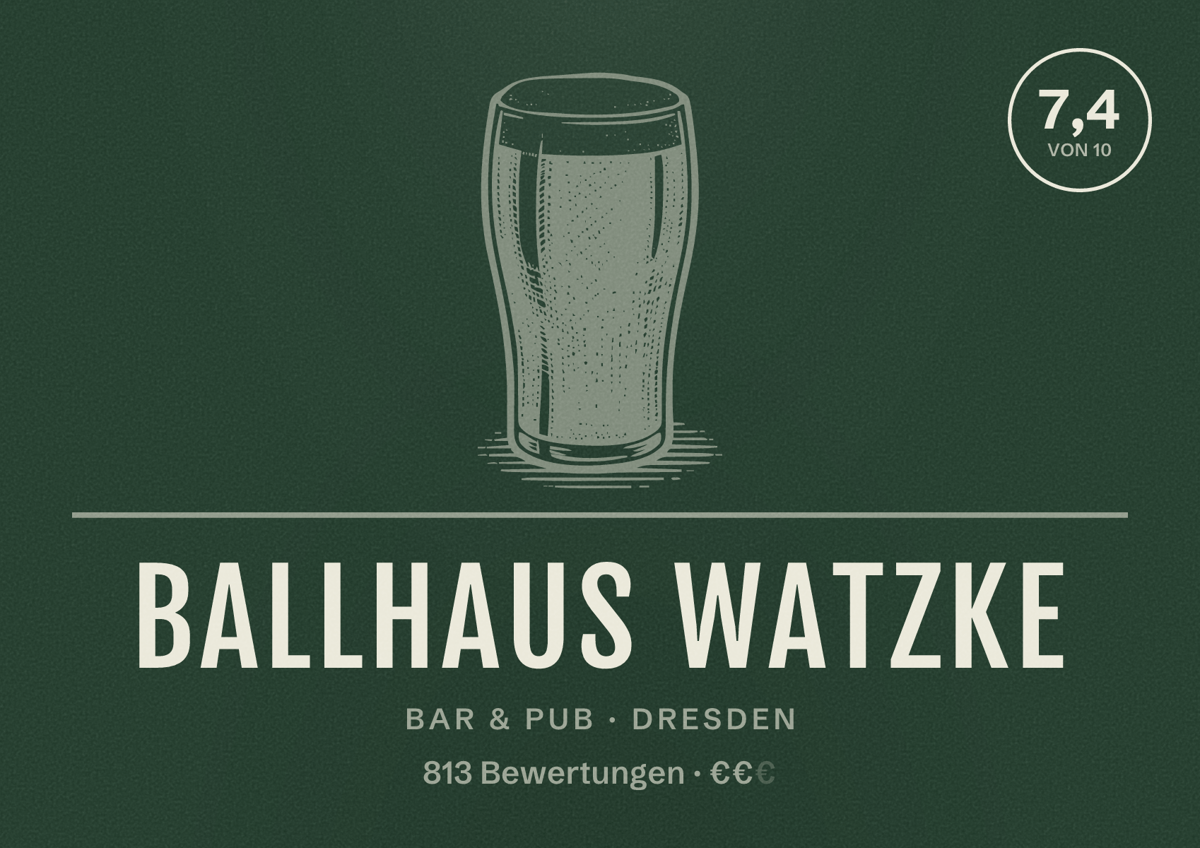Illustriertes Poster von Ballhaus Watzke, Bar & Pub in Dresden: Bewertung 7,4 von 10 aus 813 Bewertungen, Preisniveau €€