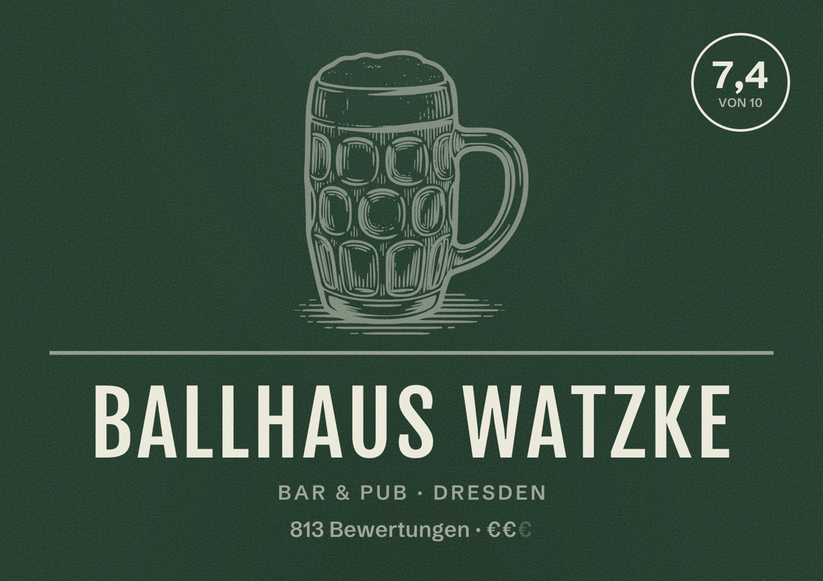 Illustriertes Poster von Ballhaus Watzke, Bar & Pub in Dresden: Bewertung 7,4 von 10 aus 813 Bewertungen, Preisniveau €€