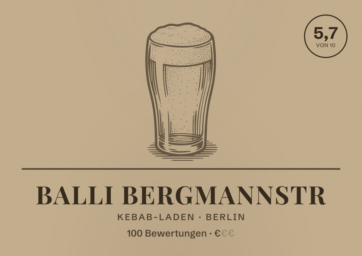 Illustriertes Poster von Balli Bergmannstr, Kebab-Laden in Berlin: Bewertung 5,7 von 10 aus 100 Bewertungen, Preisniveau €