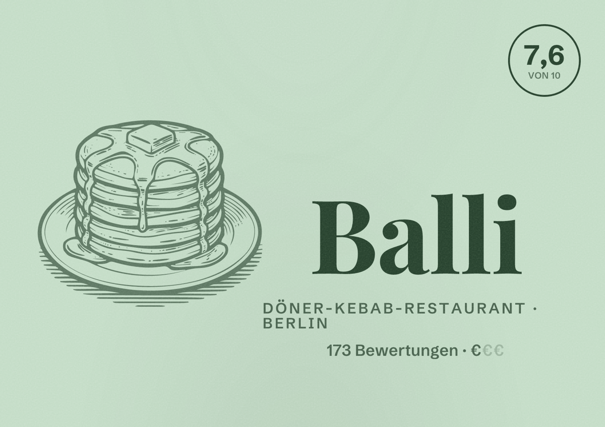 Illustriertes Poster von Balli, Döner-Kebab-Restaurant in Berlin: Bewertung 7,6 von 10 aus 173 Bewertungen, Preisniveau €