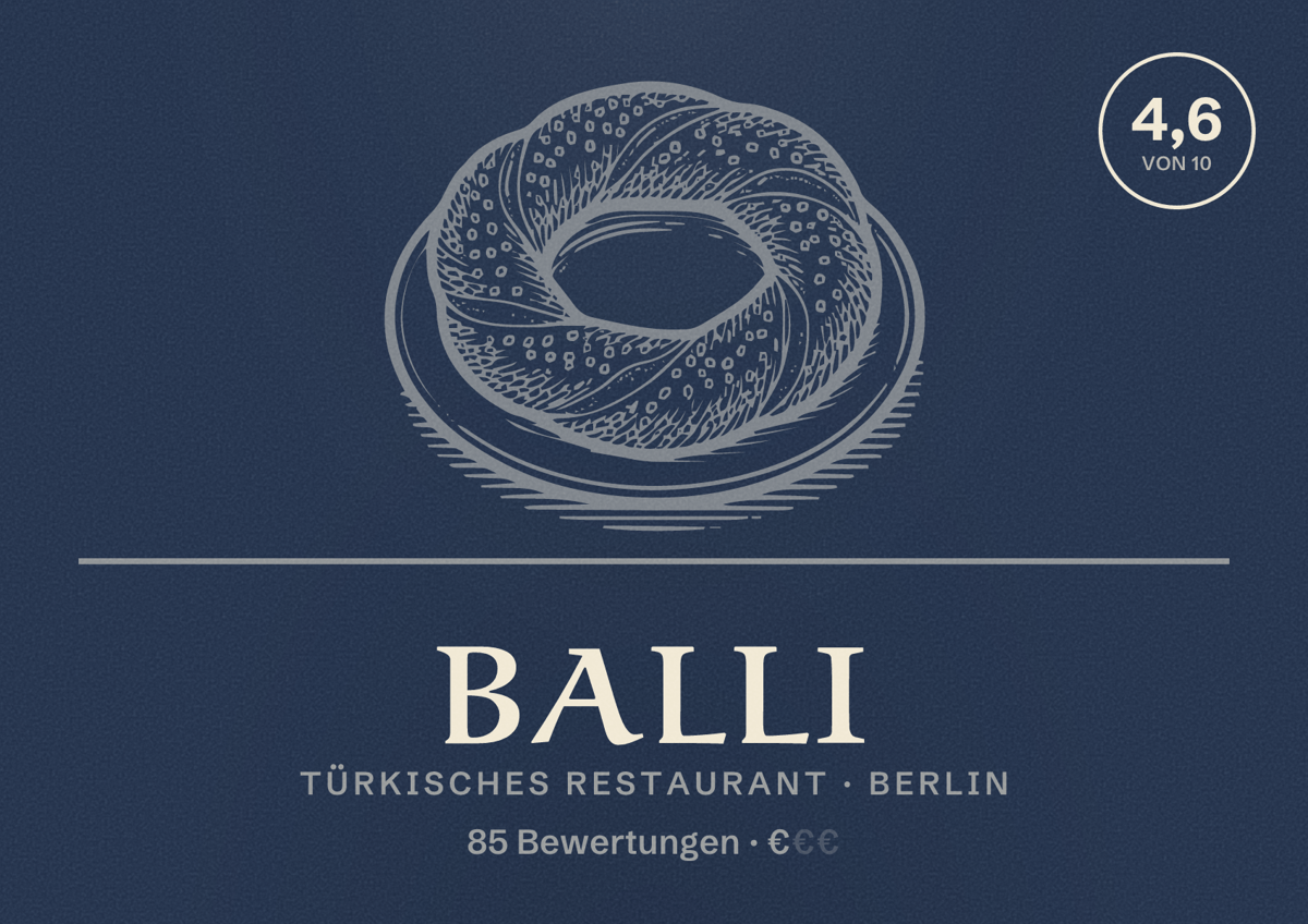 Illustriertes Poster von Balli, Türkisches Restaurant in Berlin: Bewertung 4,6 von 10 aus 85 Bewertungen, Preisniveau €
