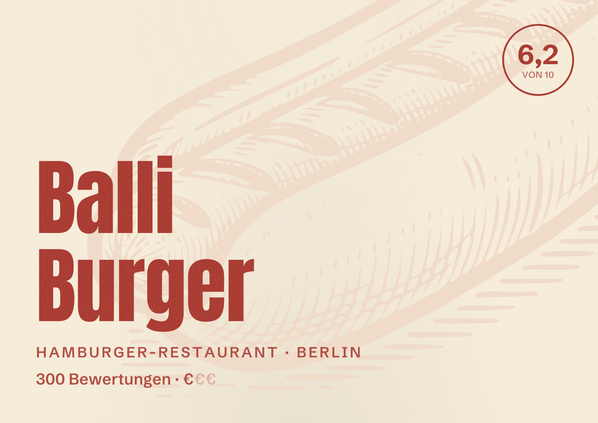 Illustriertes Poster von Balli Burger, Hamburger-Restaurant in Berlin: Bewertung 6,2 von 10 aus 300 Bewertungen, Preisniveau €