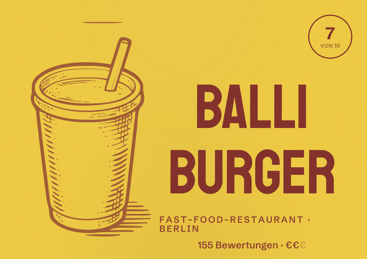 Illustriertes Poster von Balli Burger, Fast-Food-Restaurant in Berlin: Bewertung 7 von 10 aus 155 Bewertungen, Preisniveau €€