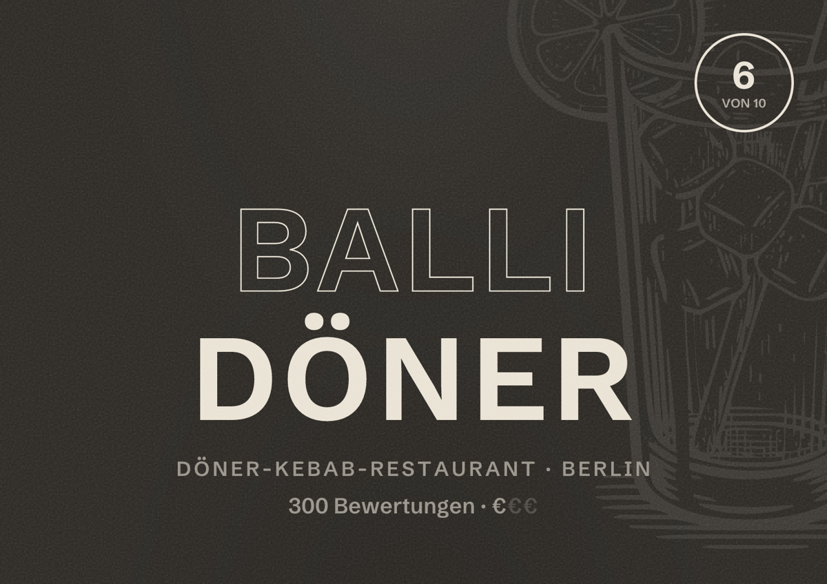 Illustriertes Poster von Balli Döner, Döner-Kebab-Restaurant in Berlin: Bewertung 6,0 von 10 aus 300 Bewertungen, Preisniveau €
