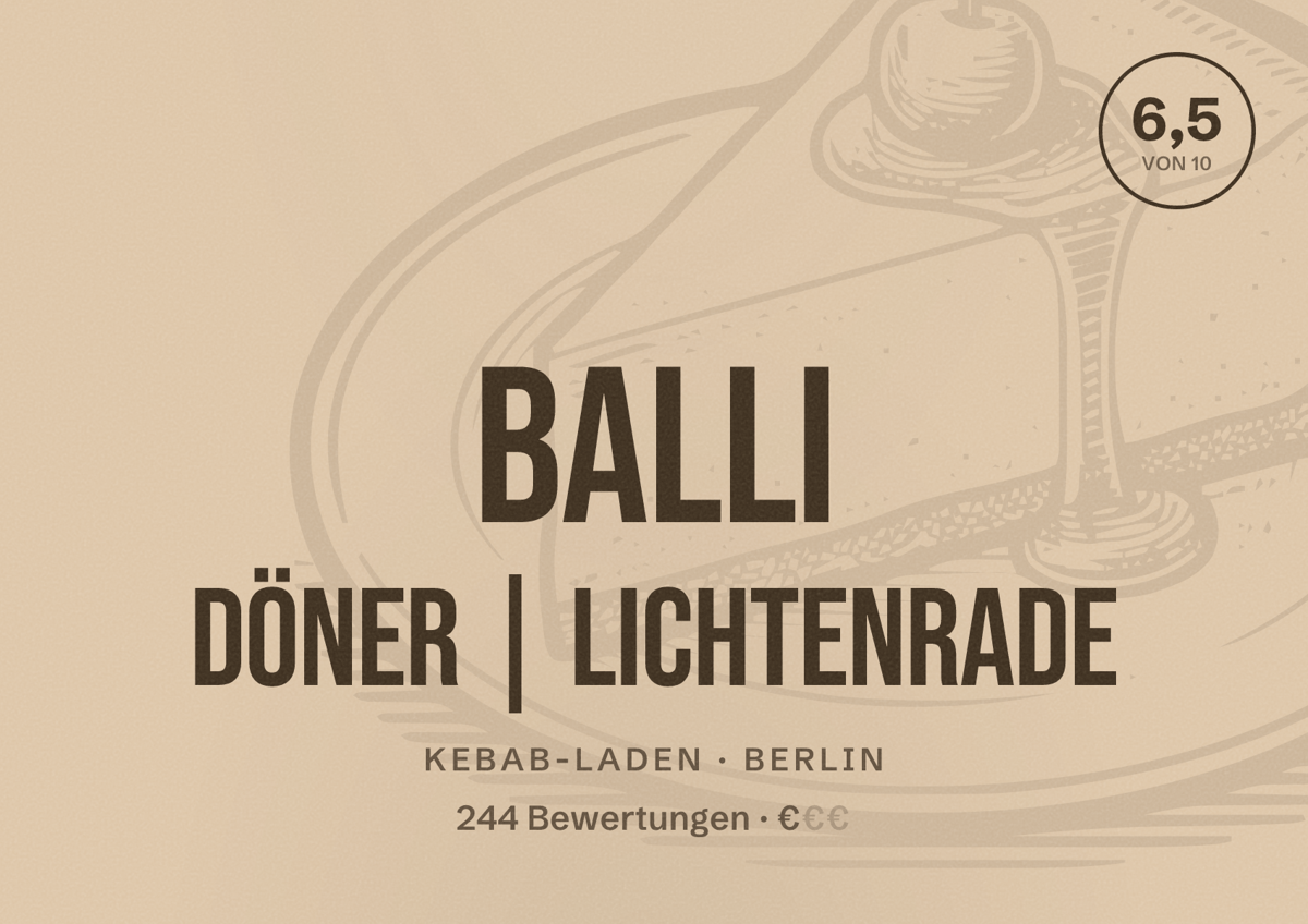 Illustriertes Poster von Balli Döner | Lichtenrade, Kebab-Laden in Berlin: Bewertung 6,5 von 10 aus 244 Bewertungen, Preisniveau €
