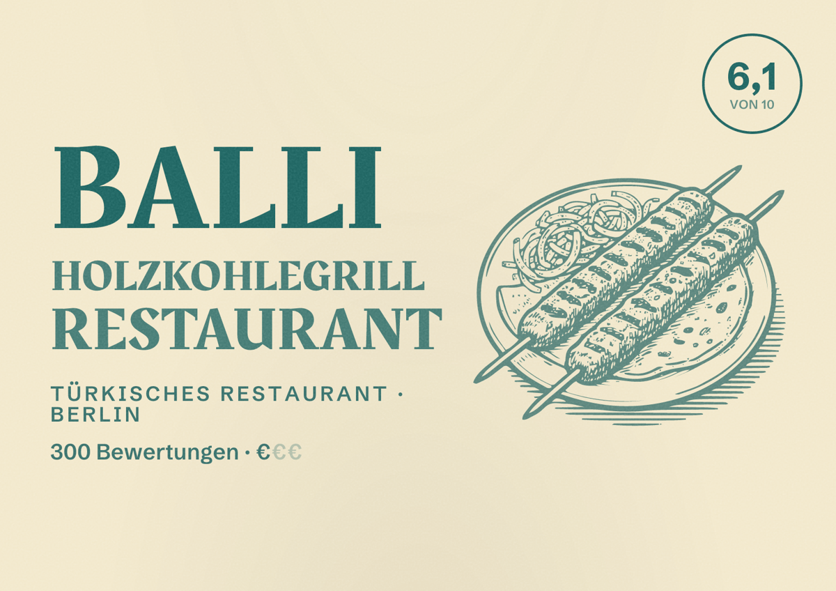 Illustriertes Poster von Balli Holzkohlegrill Restaurant, Türkisches Restaurant in Berlin: Bewertung 6,1 von 10 aus 300 Bewertungen, Preisniveau €