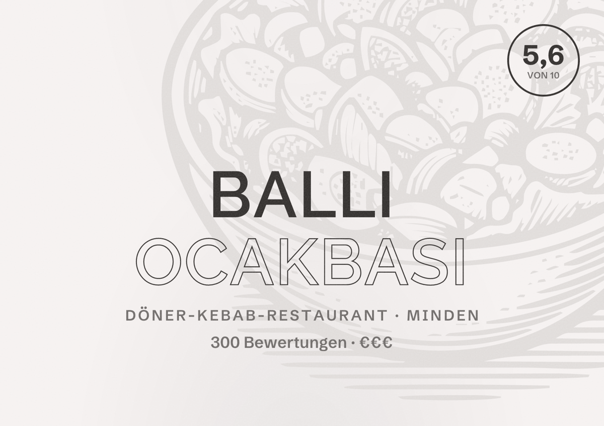 Illustriertes Poster von Balli Ocakbasi, Döner-Kebab-Restaurant in Minden: Bewertung 5,6 von 10 aus 300 Bewertungen, Preisniveau €€€