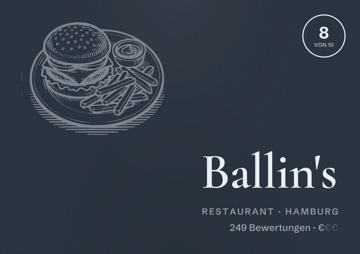 Illustriertes Poster von Ballin's, Restaurant in Hamburg: Bewertung 8,0 von 10 aus 249 Bewertungen, Preisniveau €
