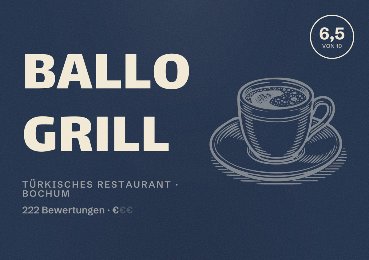 Illustriertes Poster von Ballo Grill, Türkisches Restaurant in Bochum: Bewertung 6,5 von 10 aus 222 Bewertungen, Preisniveau €