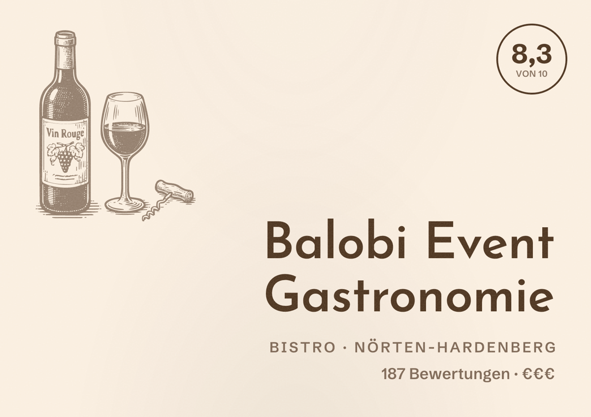 Illustriertes Poster von Balobi Event Gastronomie, Bistro in Nörten-Hardenberg: Bewertung 8,3 von 10 aus 187 Bewertungen, Preisniveau €€€