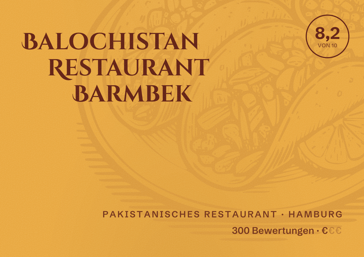 Illustriertes Poster von Balochistan Restaurant Barmbek, Pakistanisches Restaurant in Hamburg: Bewertung 8,2 von 10 aus 300 Bewertungen, Preisniveau €