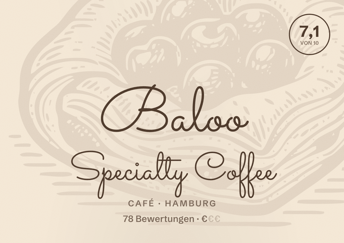 Illustriertes Poster von Baloo Specialty Coffee, Café in Hamburg: Bewertung 7,1 von 10 aus 78 Bewertungen, Preisniveau €