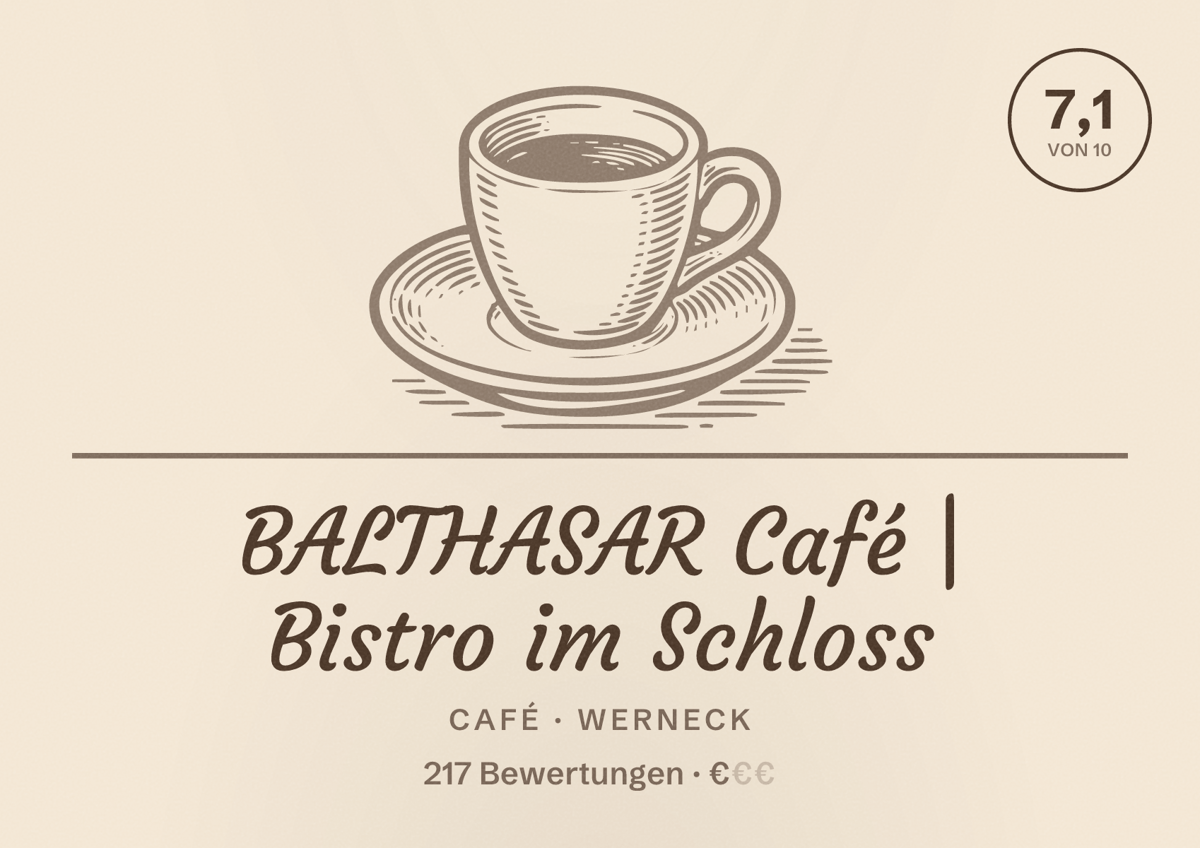 Illustriertes Poster von BALTHASAR Café | Bistro im Schloss, Café in Werneck: Bewertung 7,1 von 10 aus 217 Bewertungen, Preisniveau €