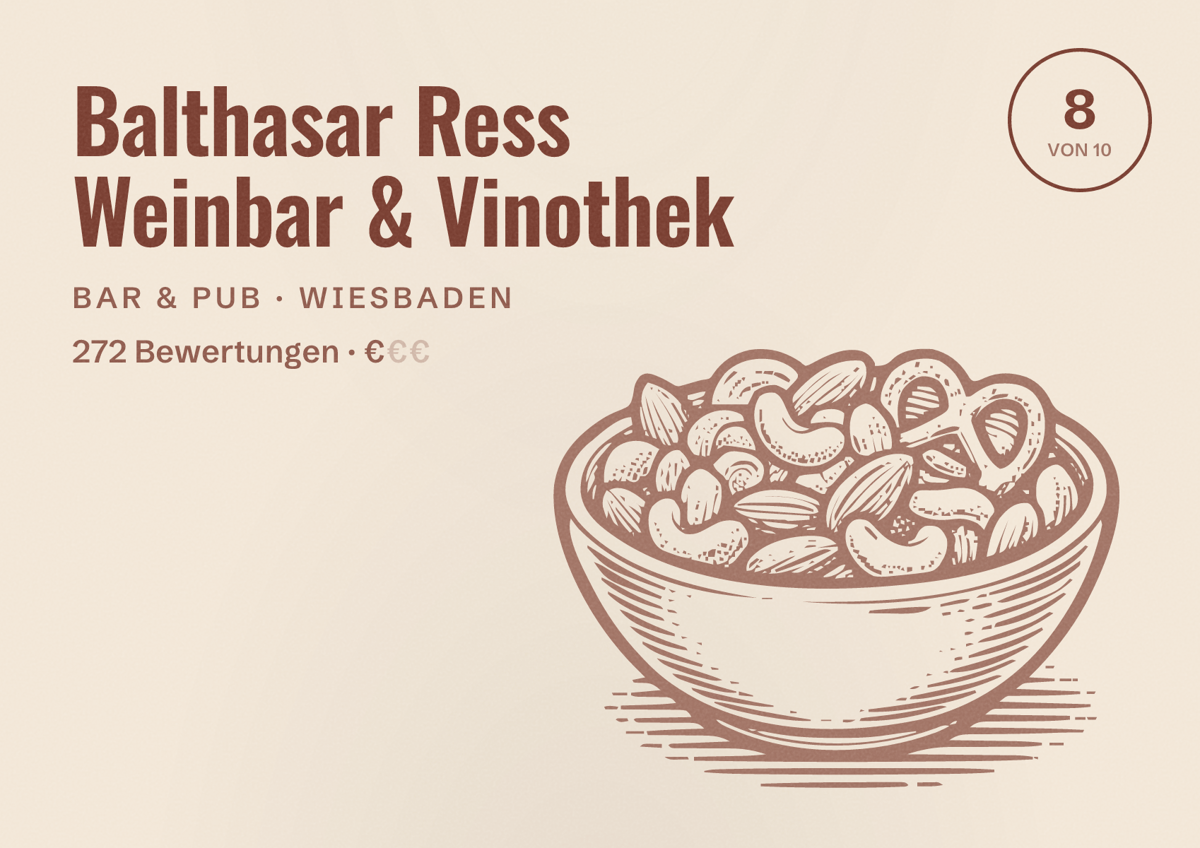 Illustriertes Poster von Balthasar Ress Weinbar & Vinothek, Bar & Pub in Wiesbaden: Bewertung 8,0 von 10 aus 272 Bewertungen, Preisniveau €