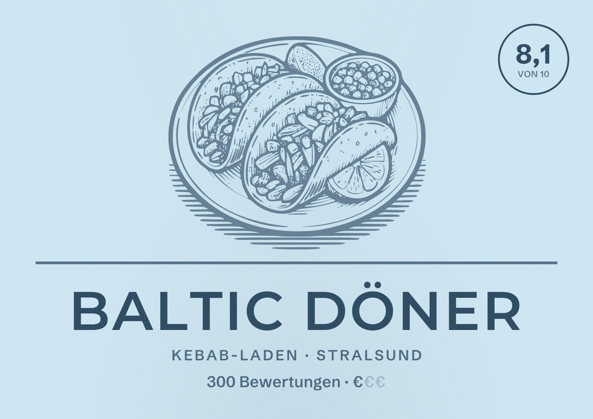 Illustriertes Poster von Baltic Döner, Kebab-Laden in Stralsund: Bewertung 8,1 von 10 aus 300 Bewertungen, Preisniveau €