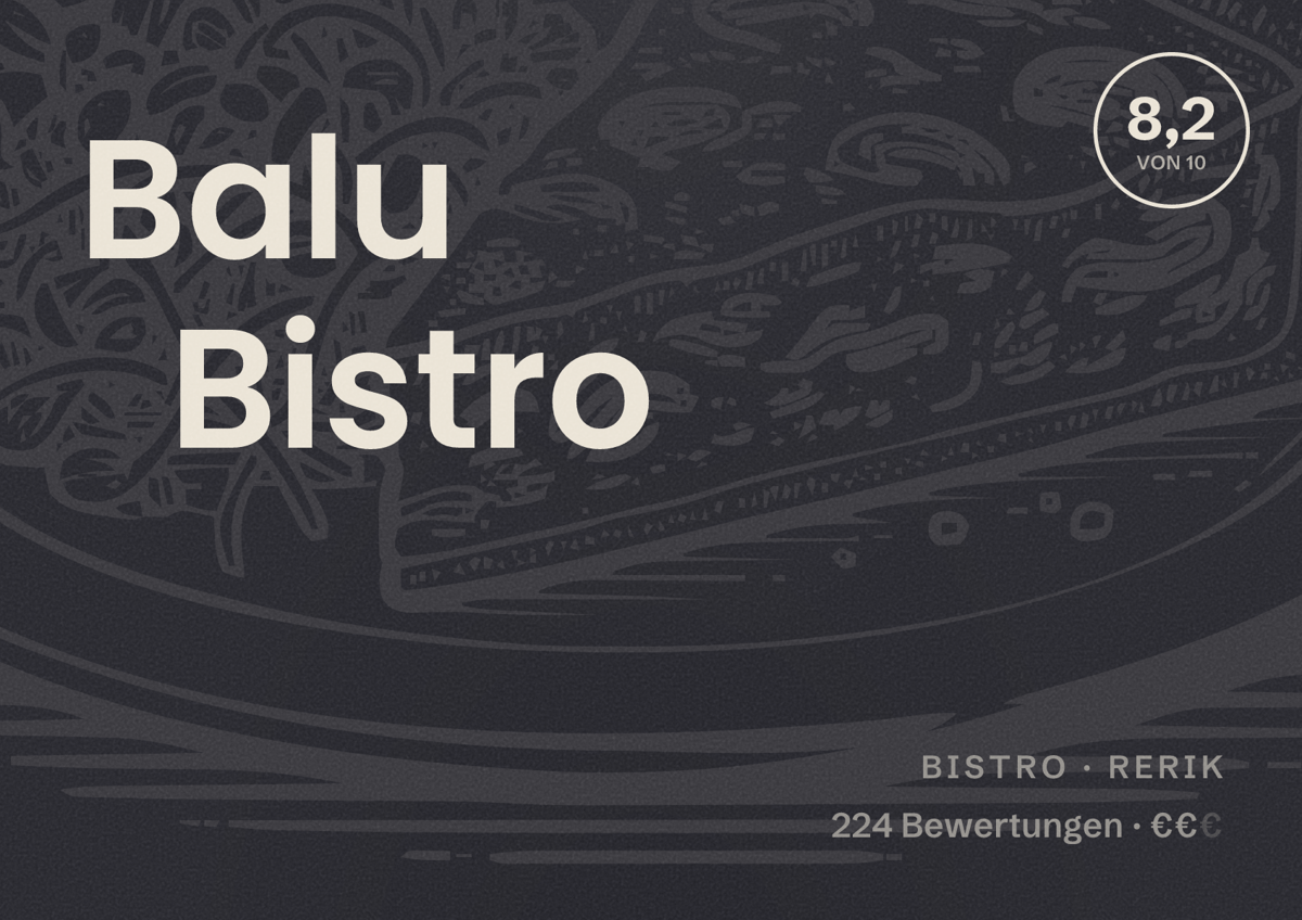 Illustriertes Poster von Balu Bistro, Bistro in Rerik: Bewertung 8,2 von 10 aus 224 Bewertungen, Preisniveau €€