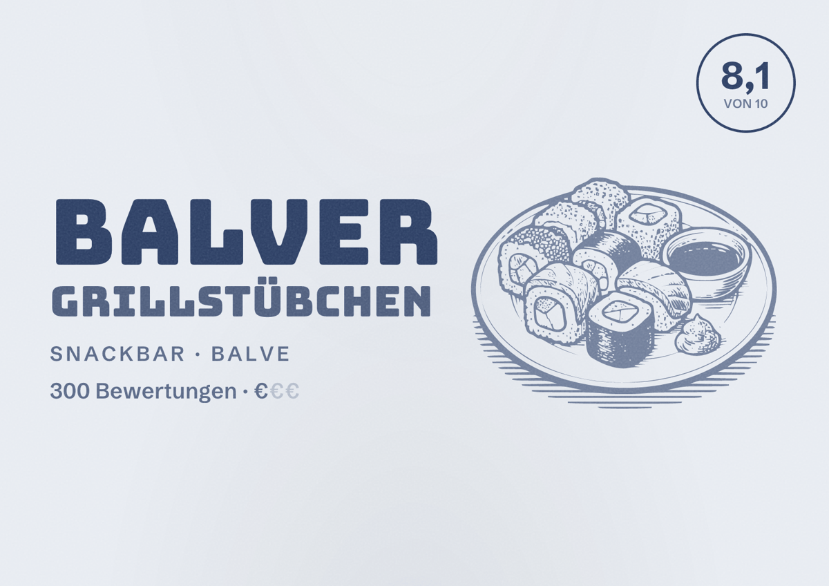 Illustriertes Poster von Balver Grillstübchen, Snackbar in Balve: Bewertung 8,1 von 10 aus 300 Bewertungen, Preisniveau €