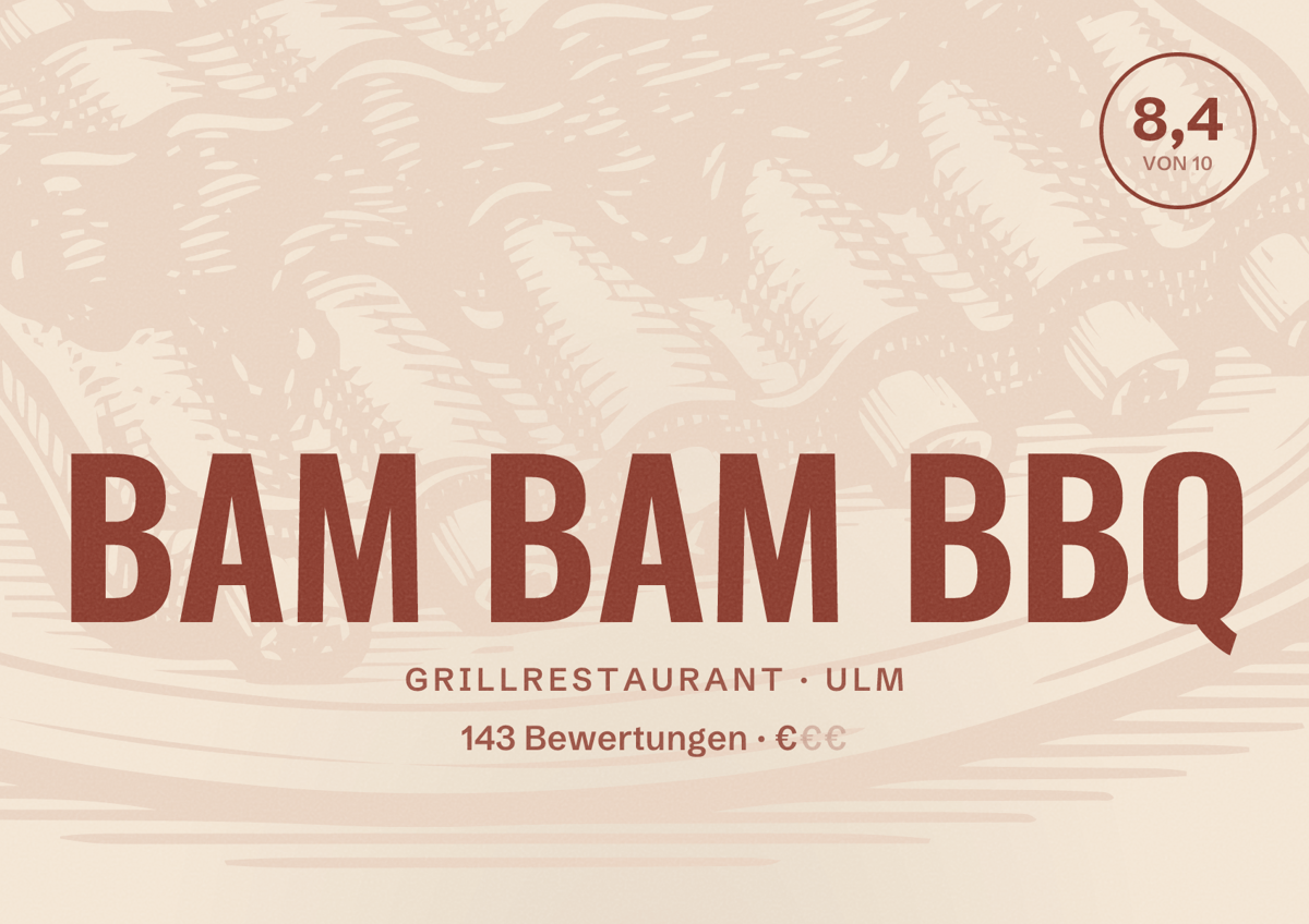 Illustriertes Poster von BAM BAM BBQ, Grillrestaurant in Ulm: Bewertung 8,4 von 10 aus 143 Bewertungen, Preisniveau €