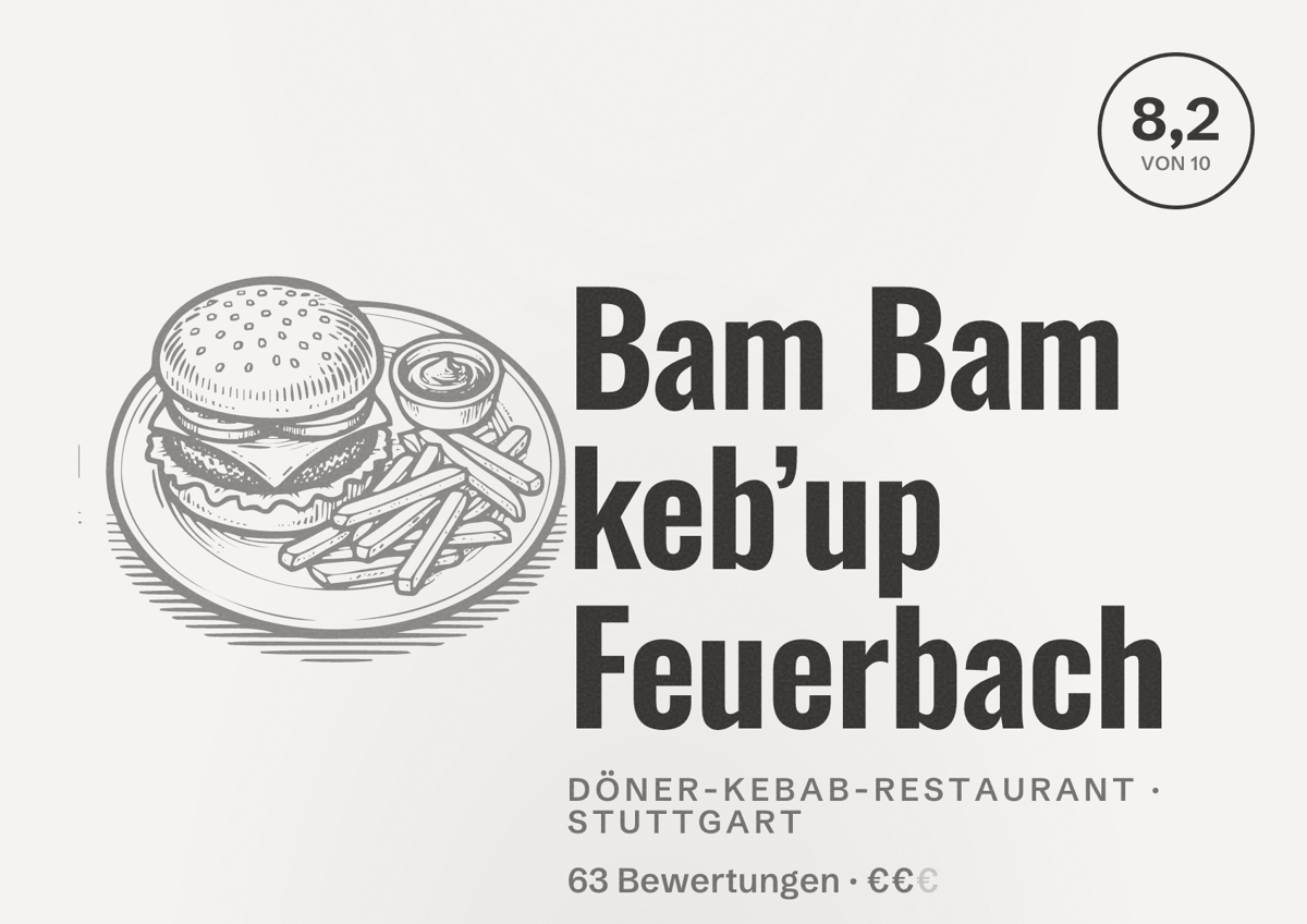 Illustriertes Poster von Bam Bam keb’up Feuerbach, Döner-Kebab-Restaurant in Stuttgart: Bewertung 8,2 von 10 aus 63 Bewertungen, Preisniveau €€