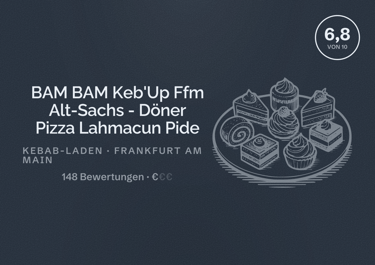 Illustriertes Poster von BAM BAM Keb'Up Ffm Alt-Sachs - Döner Pizza Lahmacun Pide, Kebab-Laden in Frankfurt am Main: Bewertung 6,8 von 10 aus 148 Bewertungen, Preisniveau €