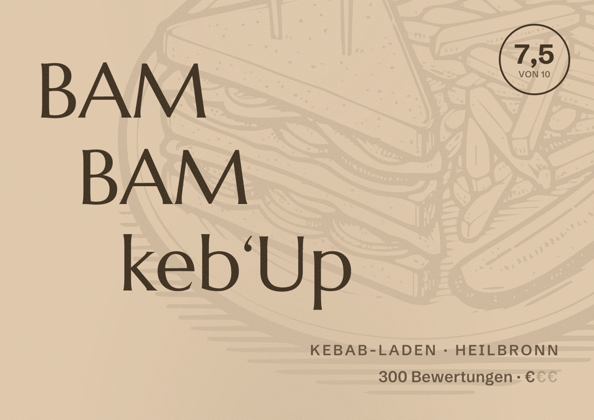 Illustriertes Poster von BAM BAM keb‘Up, Kebab-Laden in Heilbronn: Bewertung 7,5 von 10 aus 300 Bewertungen, Preisniveau €