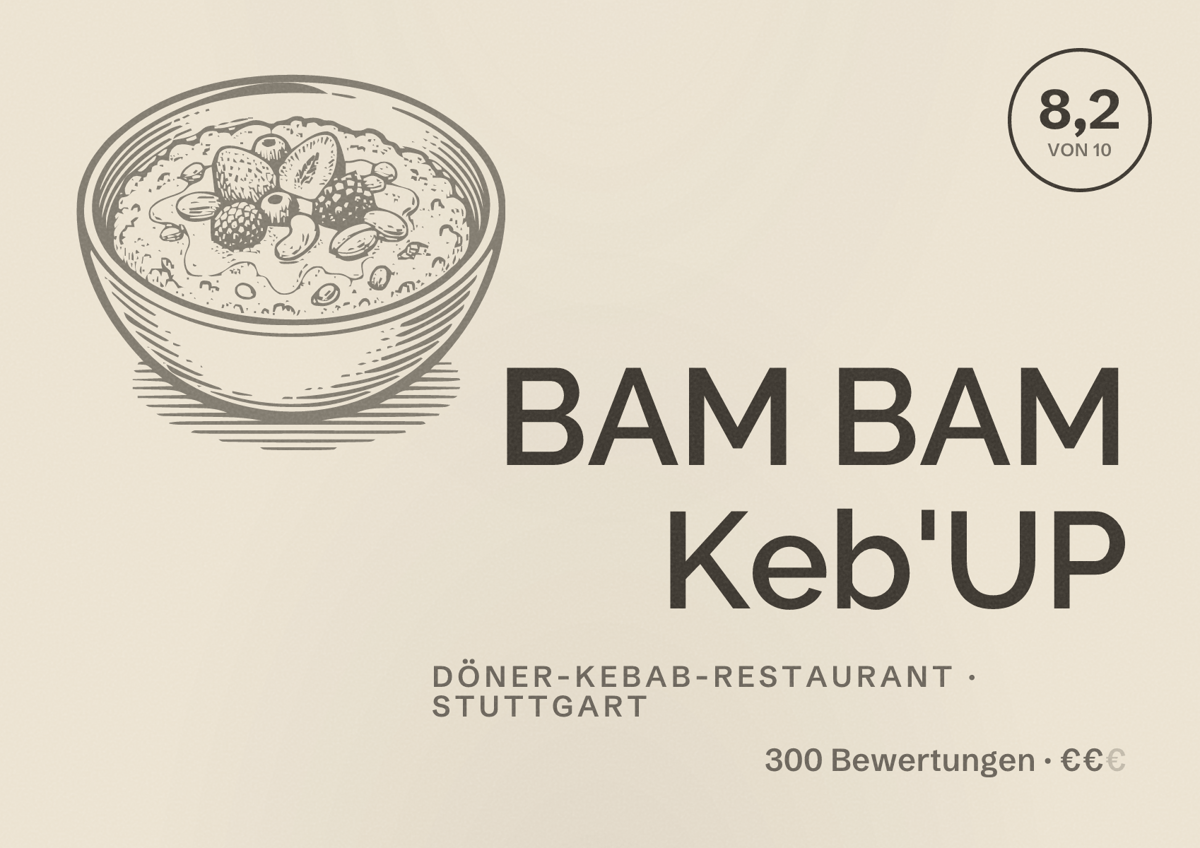 Illustriertes Poster von BAM BAM Keb'UP, Döner-Kebab-Restaurant in Stuttgart: Bewertung 8,2 von 10 aus 300 Bewertungen, Preisniveau €€