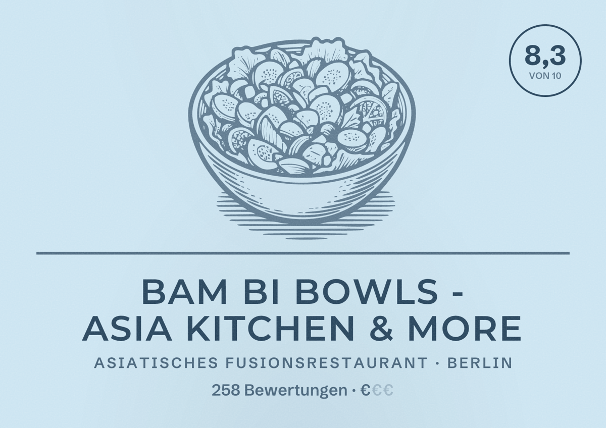 Illustriertes Poster von Bam Bi Bowls - asia kitchen & more, Asiatisches Fusionsrestaurant in Berlin: Bewertung 8,3 von 10 aus 258 Bewertungen, Preisniveau €