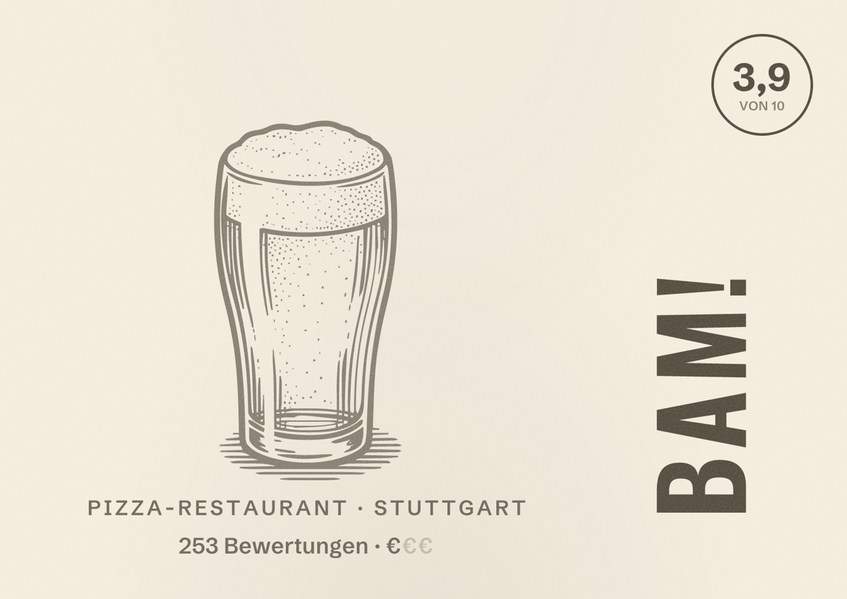 Illustriertes Poster von BAM!, Pizza-Restaurant in Stuttgart: Bewertung 3,9 von 10 aus 253 Bewertungen, Preisniveau €