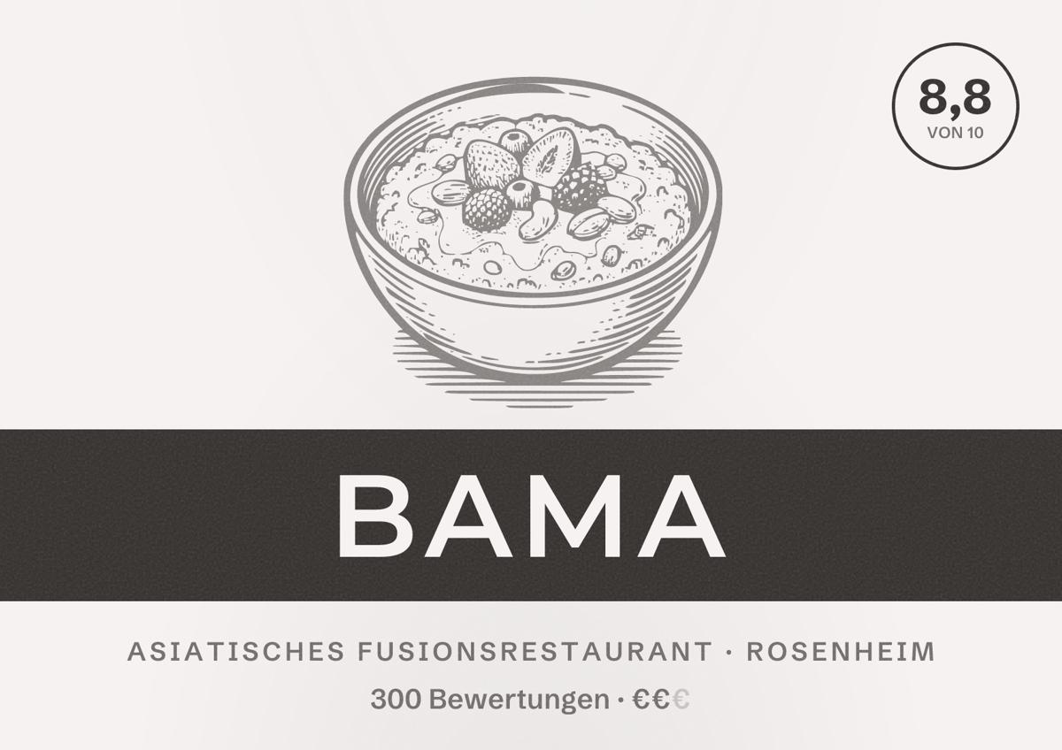 Illustriertes Poster von BAMA, Asiatisches Fusionsrestaurant in Rosenheim: Bewertung 8,8 von 10 aus 300 Bewertungen, Preisniveau €€