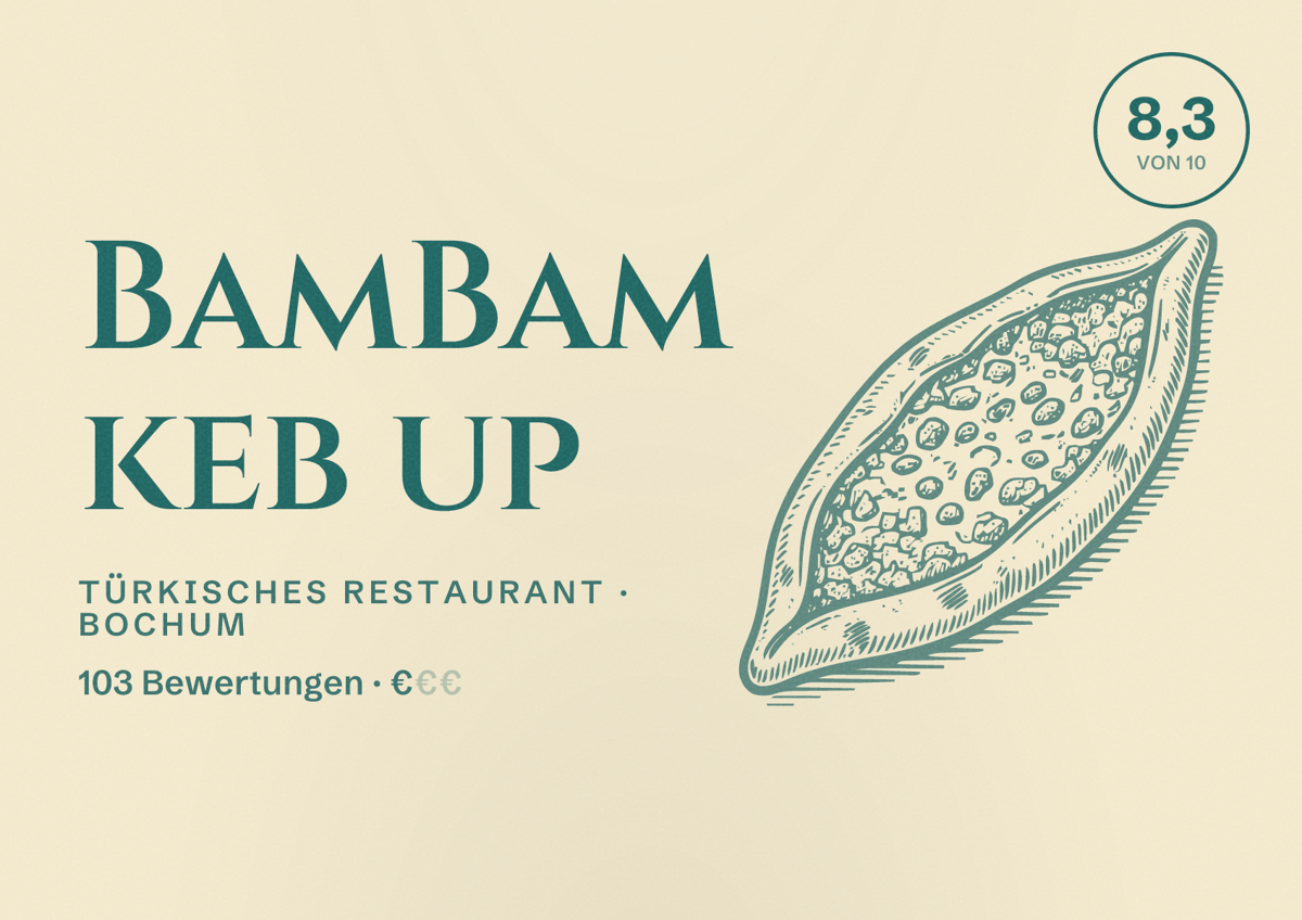 Illustriertes Poster von BamBam keb up, Türkisches Restaurant in Bochum: Bewertung 8,3 von 10 aus 103 Bewertungen, Preisniveau €