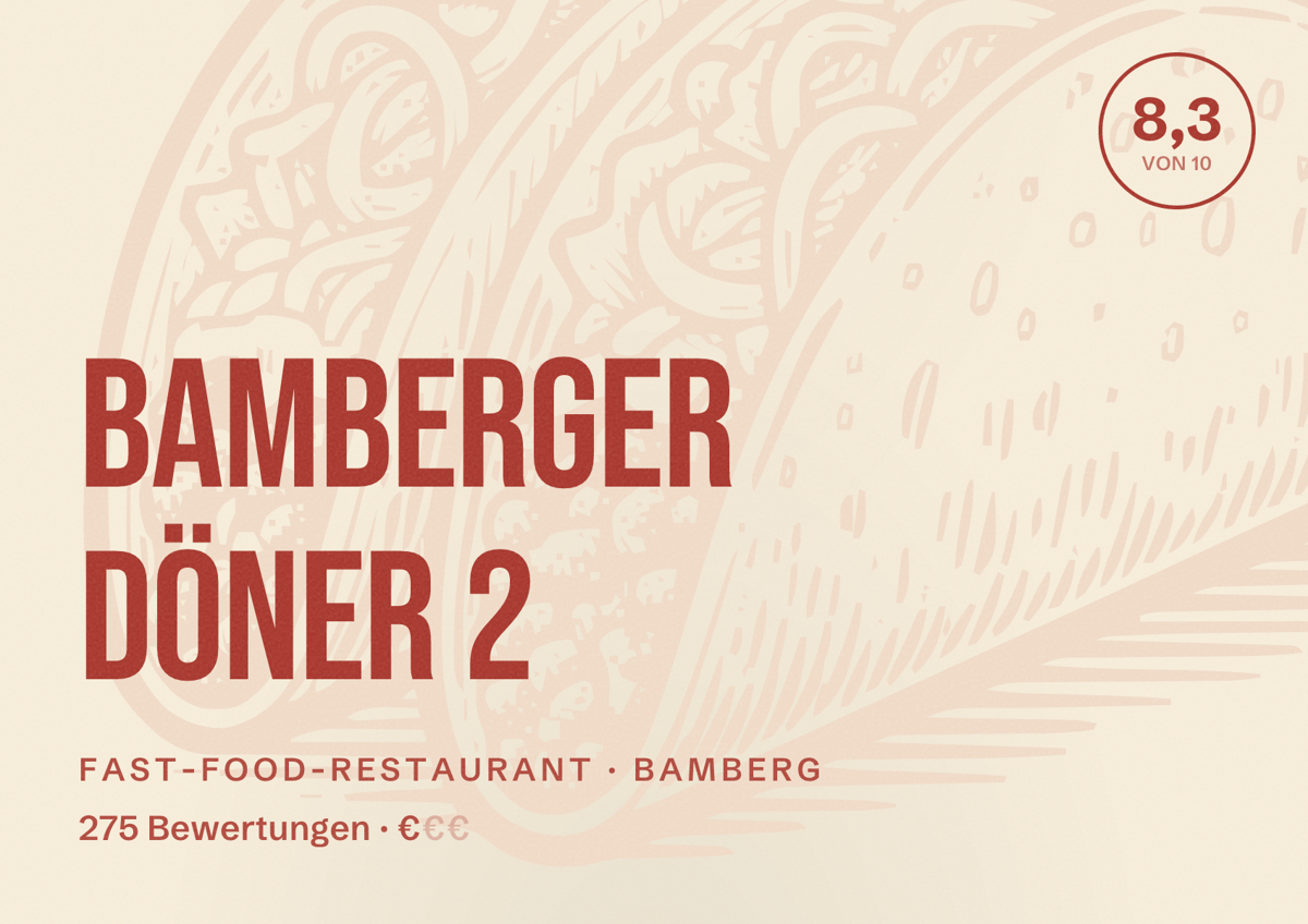 Illustriertes Poster von Bamberger Döner 2, Fast-Food-Restaurant in Bamberg: Bewertung 8,3 von 10 aus 275 Bewertungen, Preisniveau €