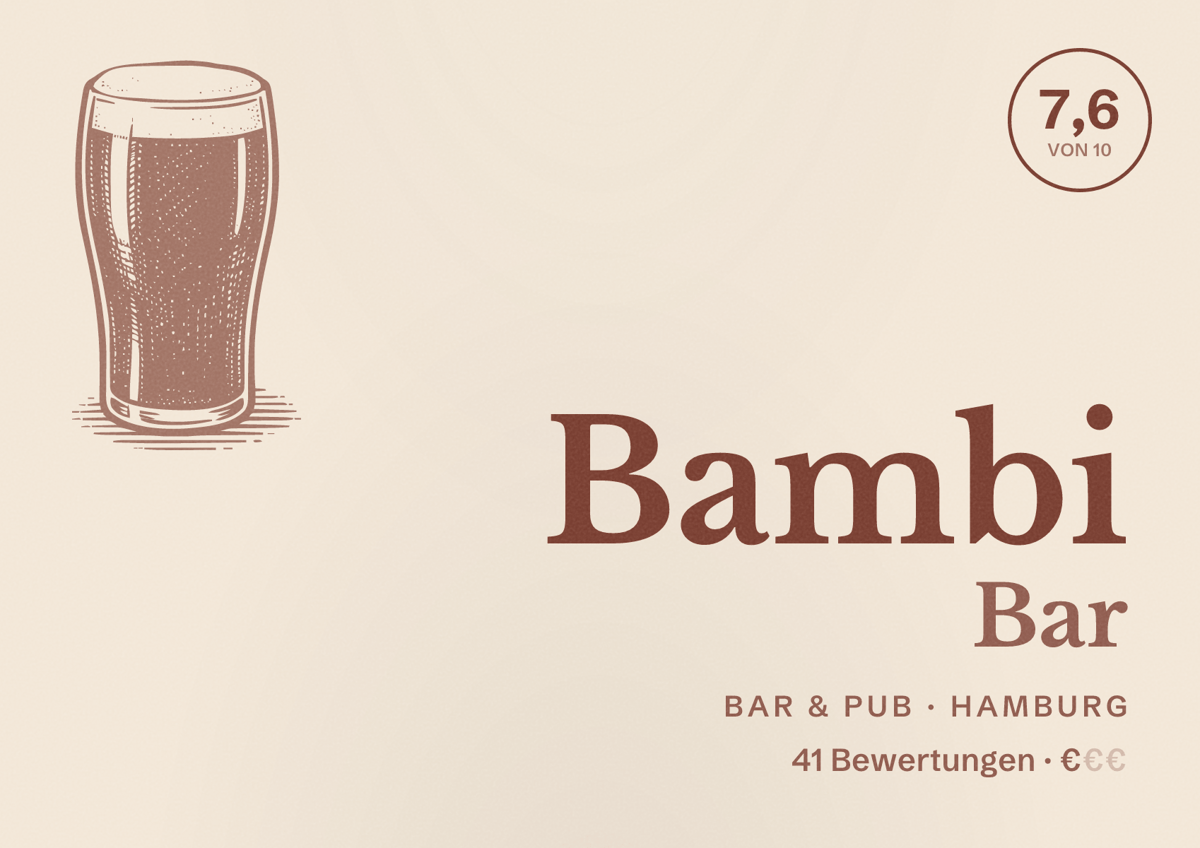 Illustriertes Poster von Bambi Bar, Bar & Pub in Hamburg: Bewertung 7,6 von 10 aus 41 Bewertungen, Preisniveau €