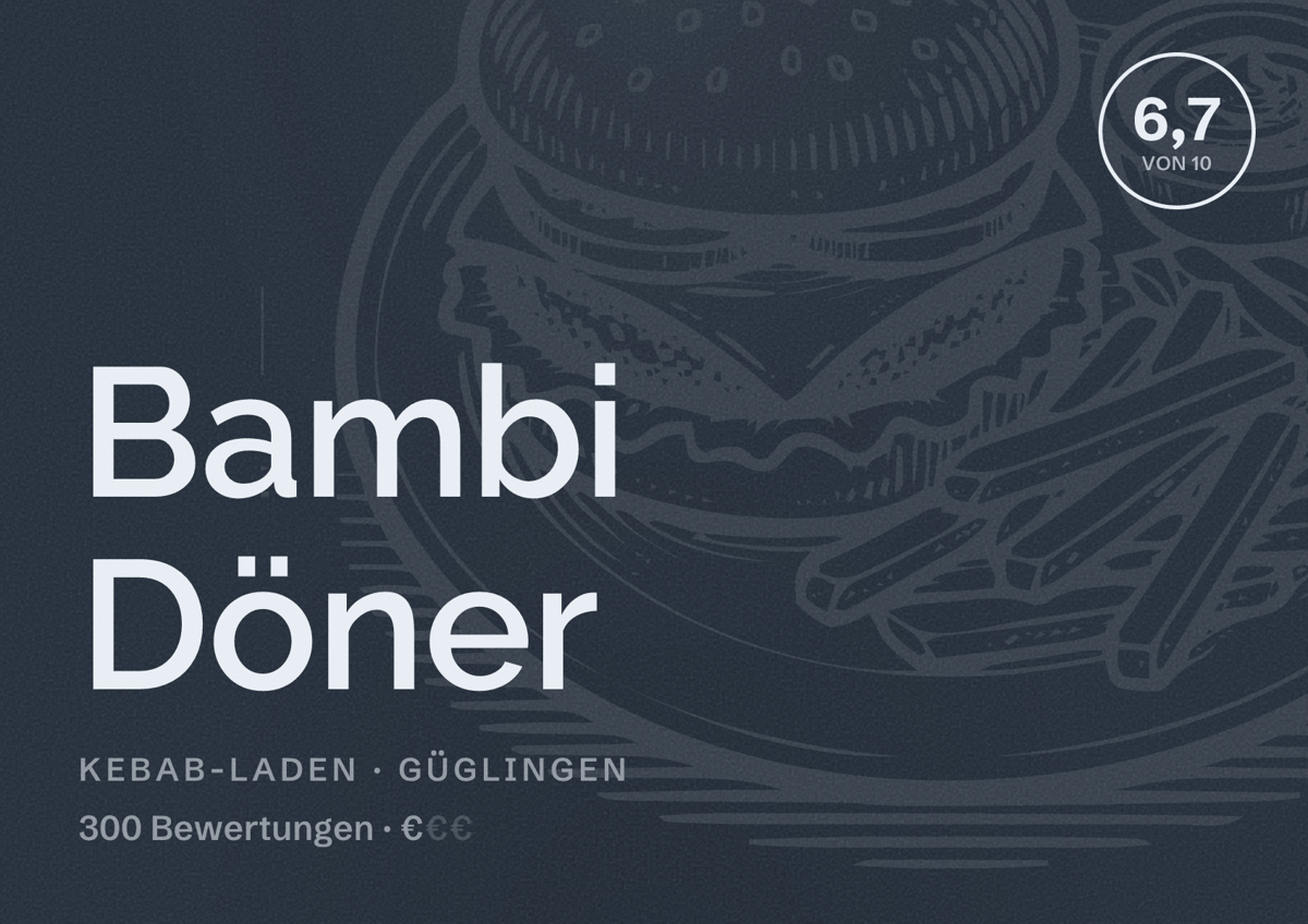 Illustriertes Poster von Bambi Döner, Kebab-Laden in Güglingen: Bewertung 6,7 von 10 aus 300 Bewertungen, Preisniveau €