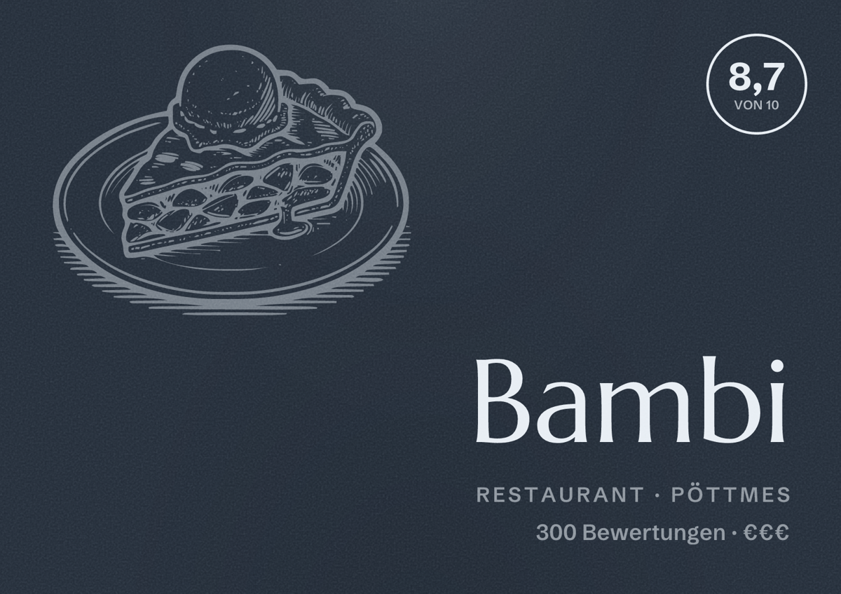 Illustriertes Poster von Bambi, Restaurant in Pöttmes: Bewertung 8,7 von 10 aus 300 Bewertungen, Preisniveau €€€