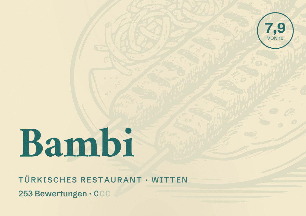 Illustriertes Poster von Bambi, Türkisches Restaurant in Witten: Bewertung 7,9 von 10 aus 253 Bewertungen, Preisniveau €