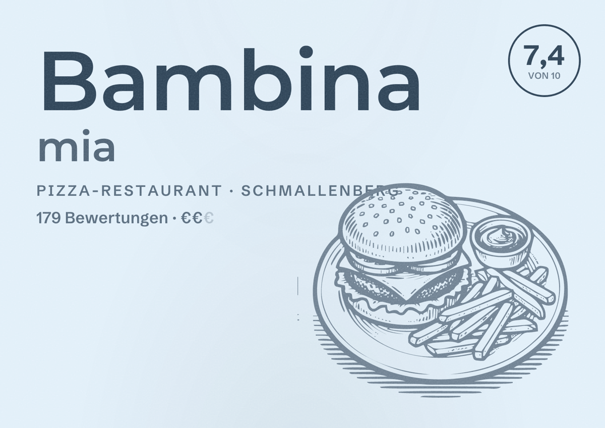 Illustriertes Poster von Bambina mia, Pizza-Restaurant in Schmallenberg: Bewertung 7,4 von 10 aus 179 Bewertungen, Preisniveau €€