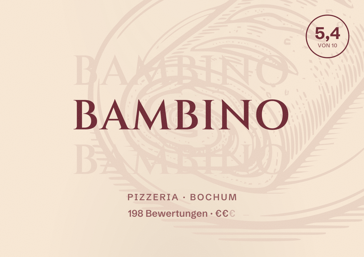 Illustriertes Poster von Bambino, Pizzeria in Bochum: Bewertung 5,4 von 10 aus 198 Bewertungen, Preisniveau €€