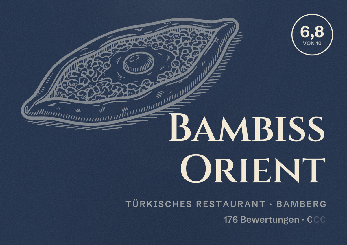 Illustriertes Poster von Bambiss Orient, Türkisches Restaurant in Bamberg: Bewertung 6,8 von 10 aus 176 Bewertungen, Preisniveau €