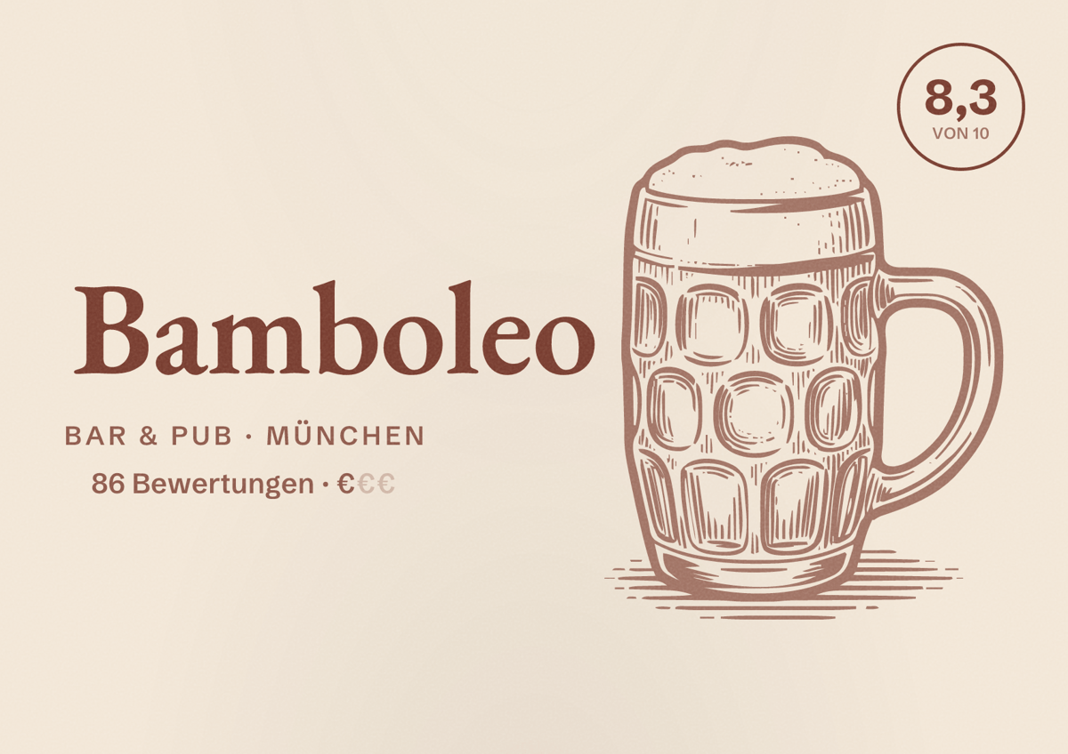Illustriertes Poster von Bamboleo, Bar & Pub in München: Bewertung 8,3 von 10 aus 86 Bewertungen, Preisniveau €
