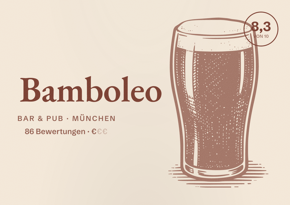 Illustriertes Poster von Bamboleo, Bar & Pub in München: Bewertung 8,3 von 10 aus 86 Bewertungen, Preisniveau €